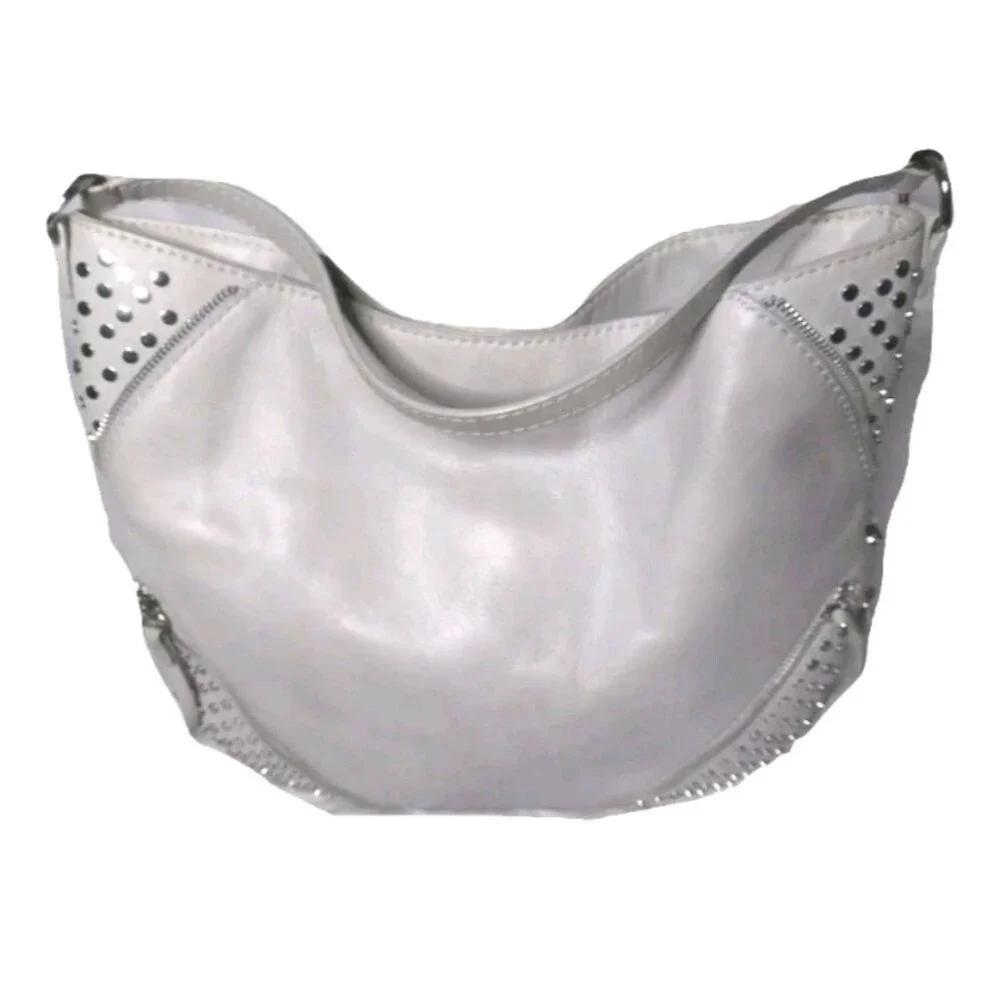 She+Lo  Leather Hobo Shoulder Bag  Studs Tassel Boho Bag Gray Taupe Retail $280