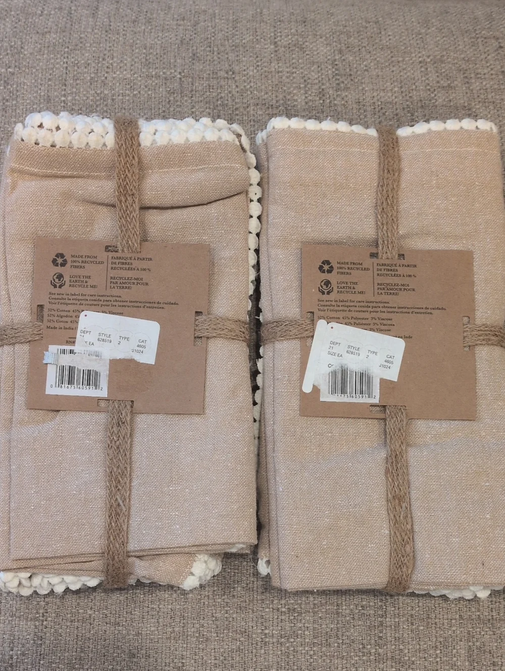 NWT  Set Of Two Beige Recycled Napkin Set - 4 Piece x 2= 8 Napkins