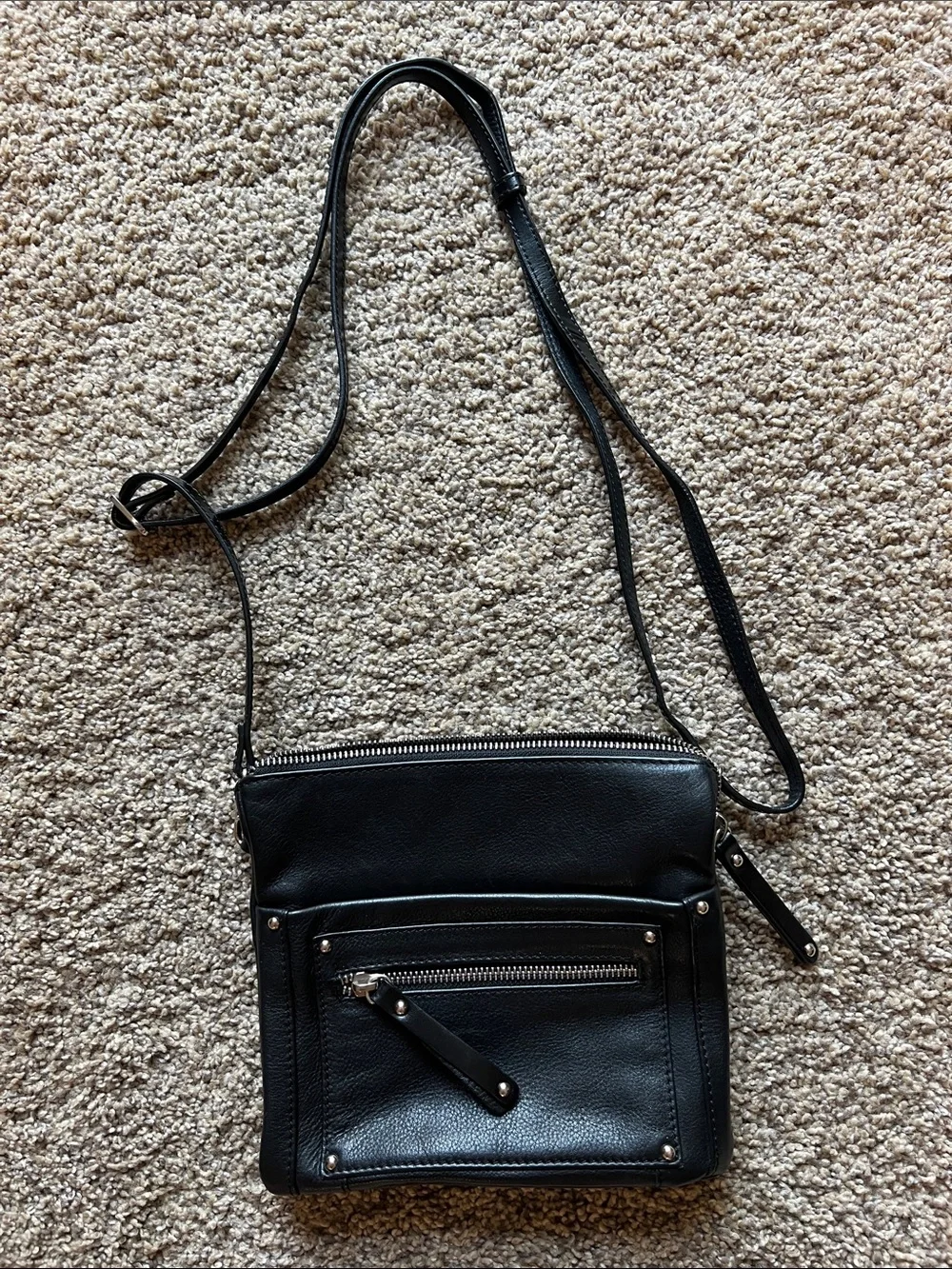 Classic Black Leather Crossbody with Front Zip Pocket