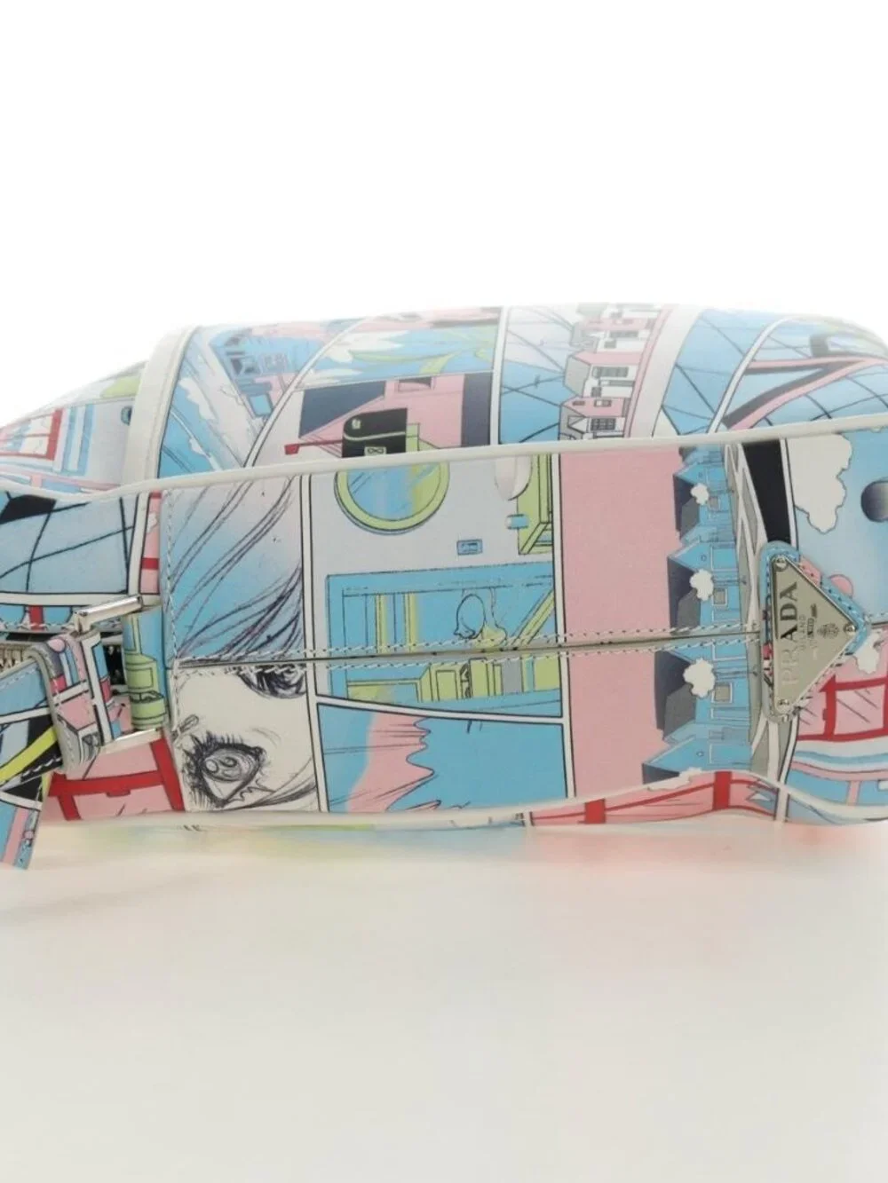 PRADA Comic Print Shoulder Bag Leather White Silver Auth