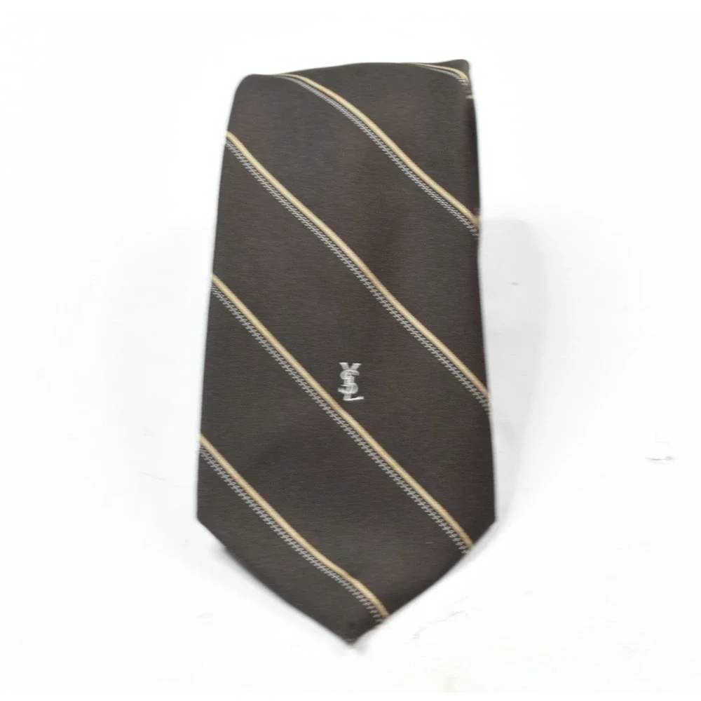 Vintage Yves Saint Lauren Neck Tie Mens Brown Striped Classic YSL