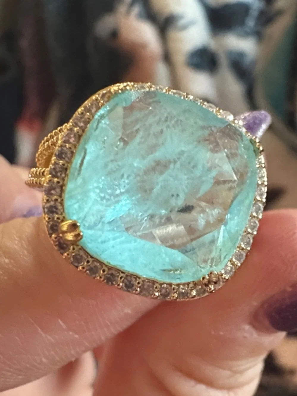 bp Gold Ring with Large Aquamarine Blue Cushion Stone and Pavé Halo