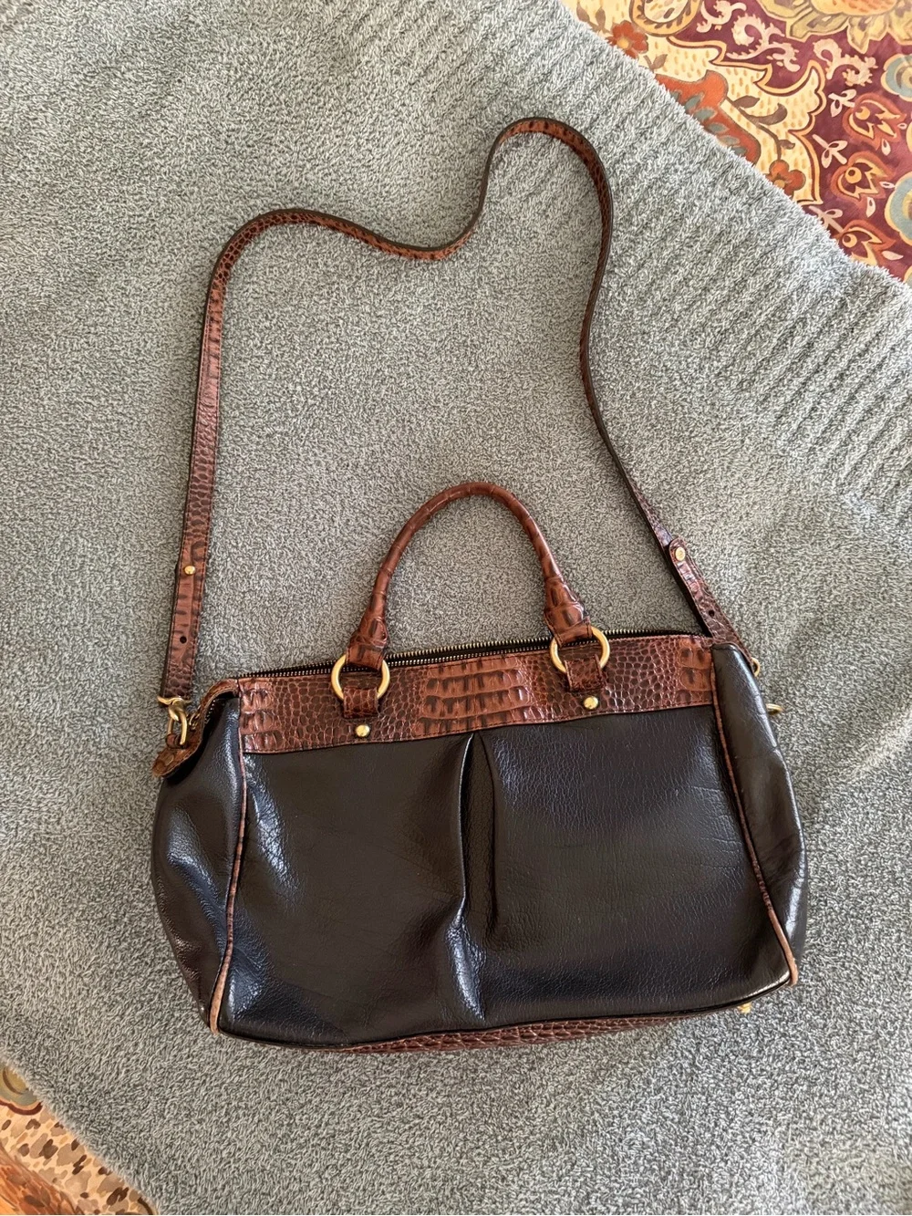 Brahmin Black Leather Satchel Brown Croc Embossed Crossbody Bag