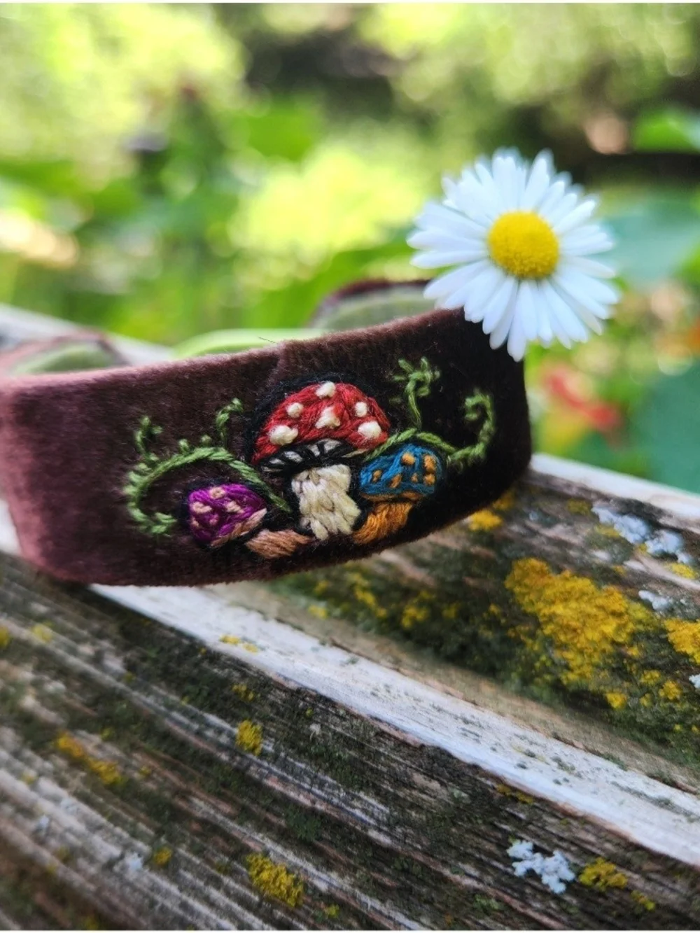 Velvet Hand-Embroidered Mushroom Cuff Bracelet