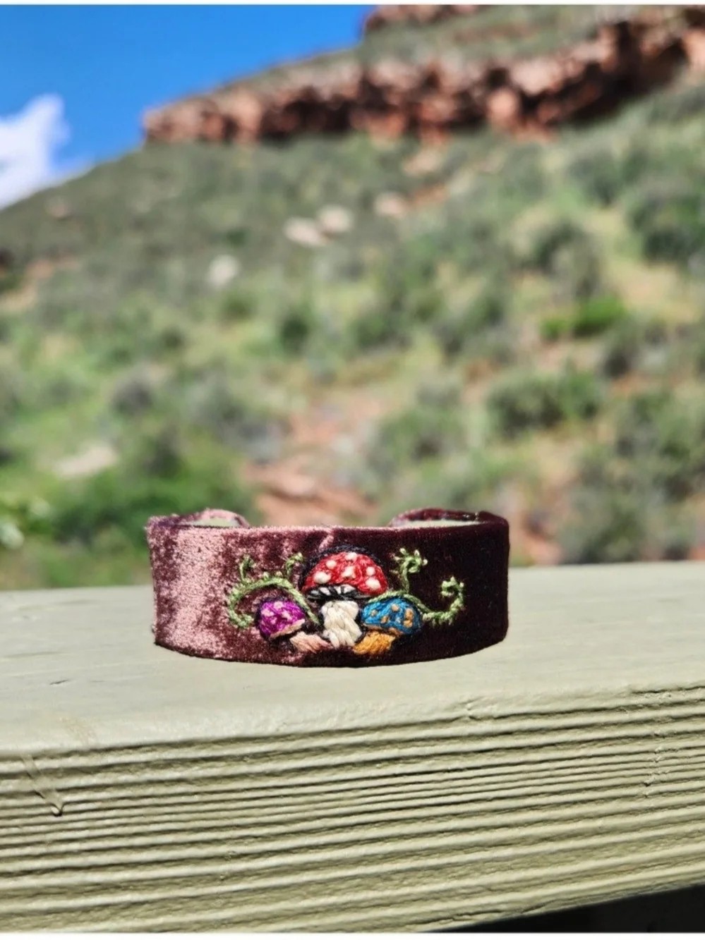 Velvet Hand-Embroidered Mushroom Cuff Bracelet