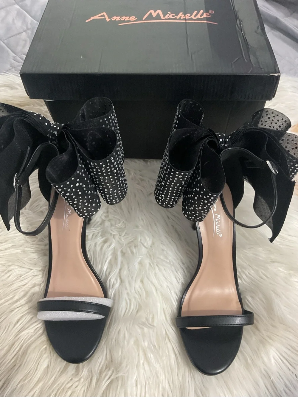 Anne Michelle Black Bow Ankle-Strap Heels with Studded Detail