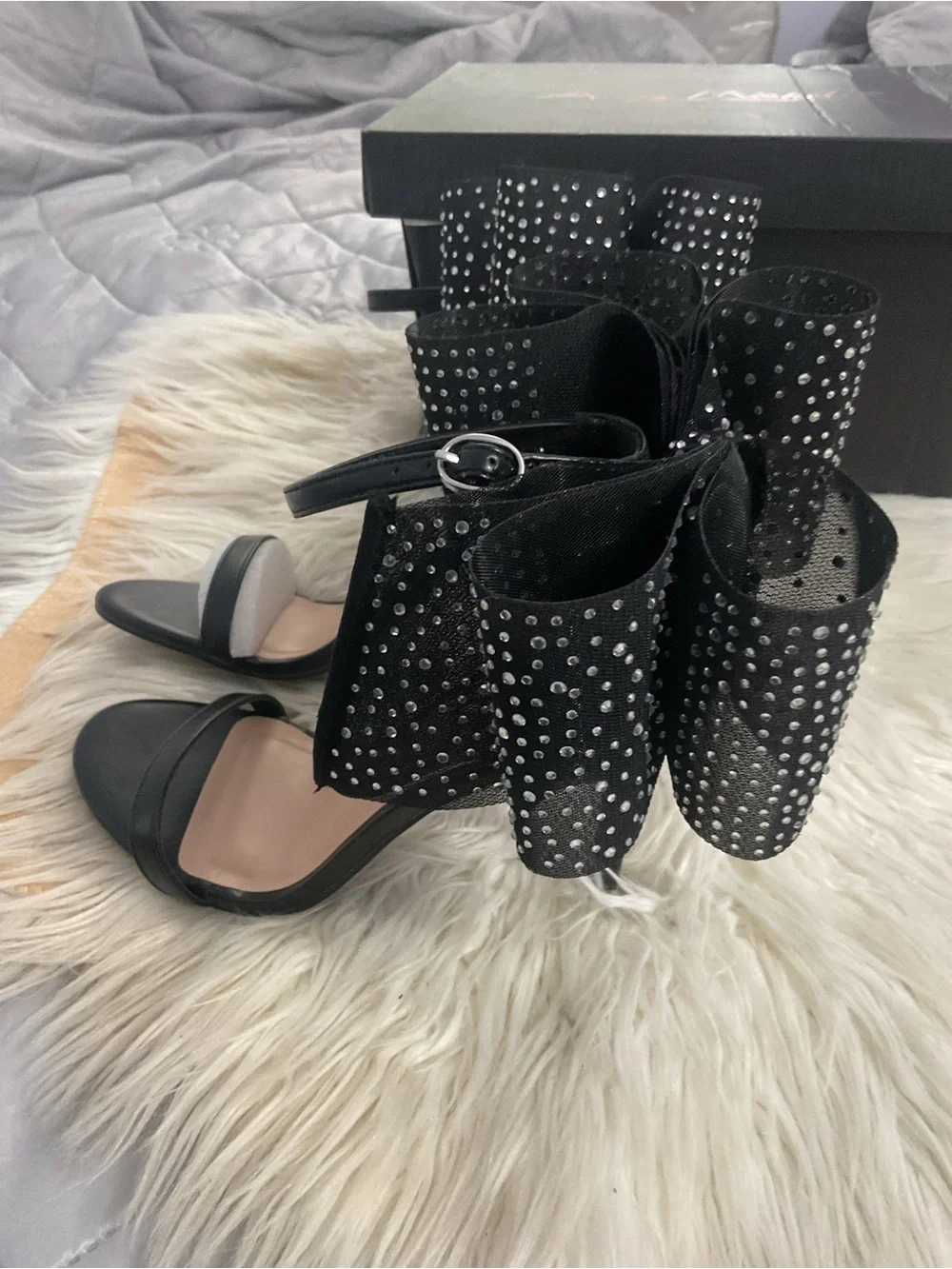 Anne Michelle Black Bow Ankle-Strap Heels with Studded Detail