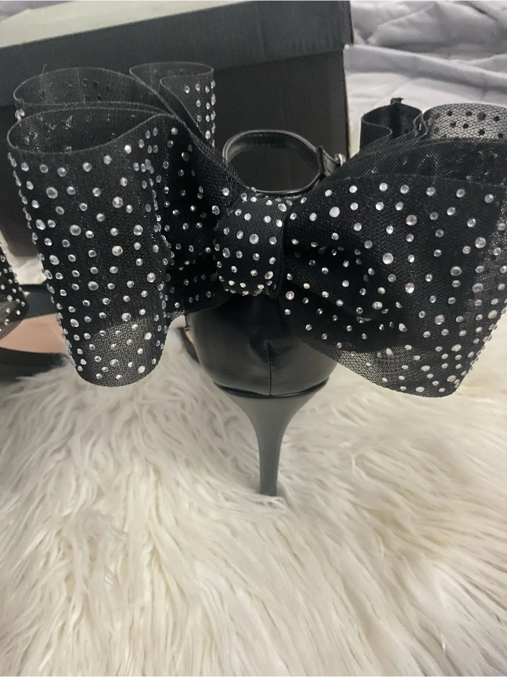 Anne Michelle Black Bow Ankle-Strap Heels with Studded Detail