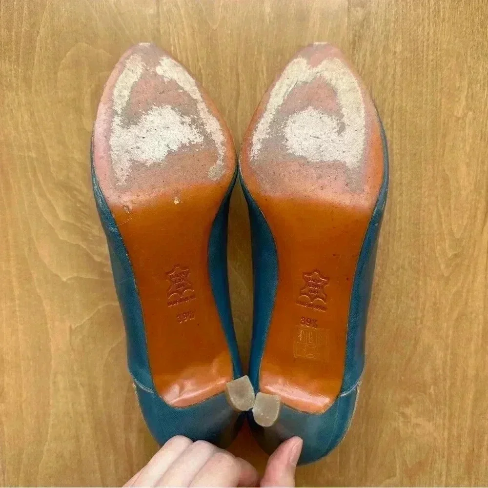 Patricia Blanchet Teal Leather Kitten Heels with Gold Glitter Spade, Size 8.5