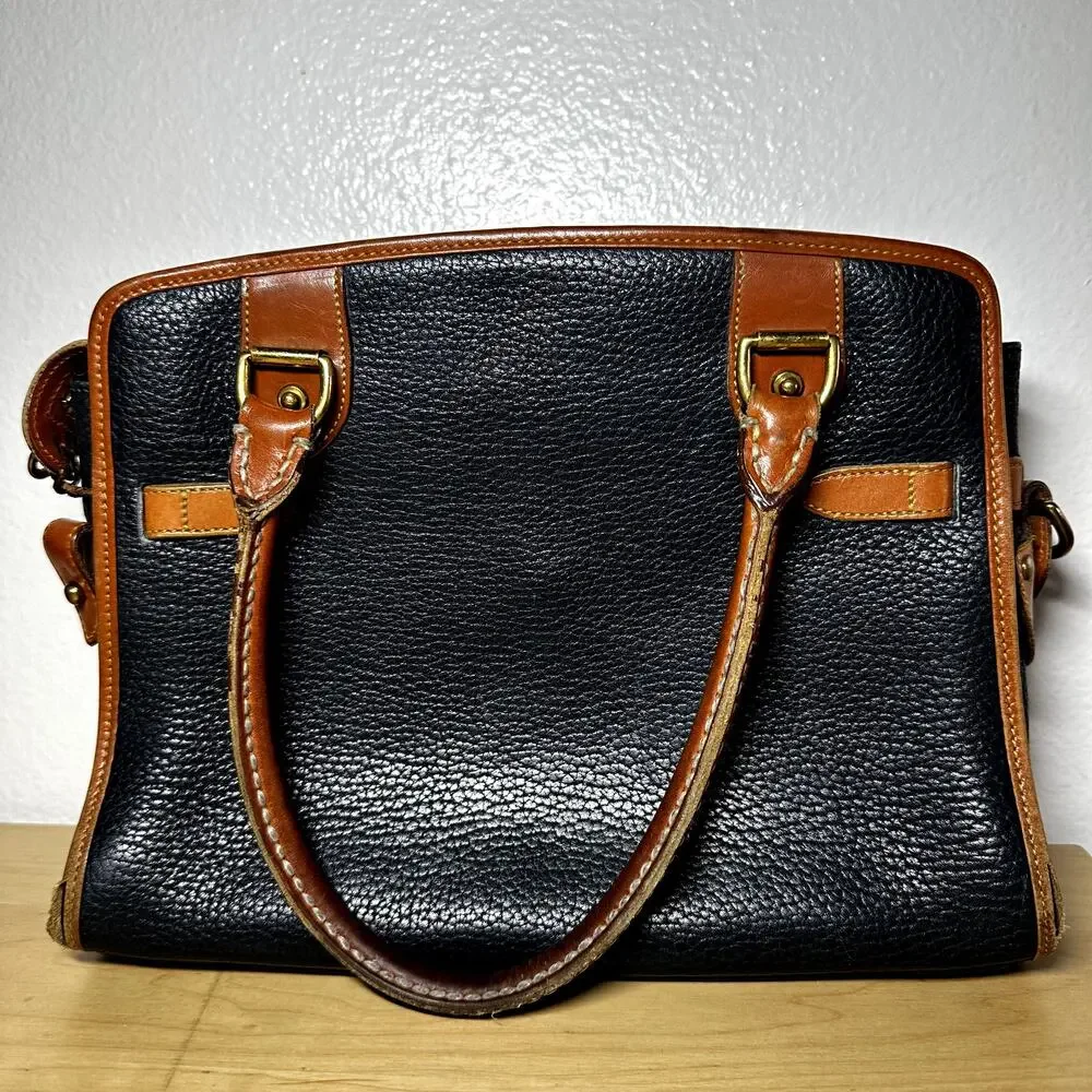 Vintage Dooney & Bourke Satchel All Weather Leather Pebble Brass Buckle Navy