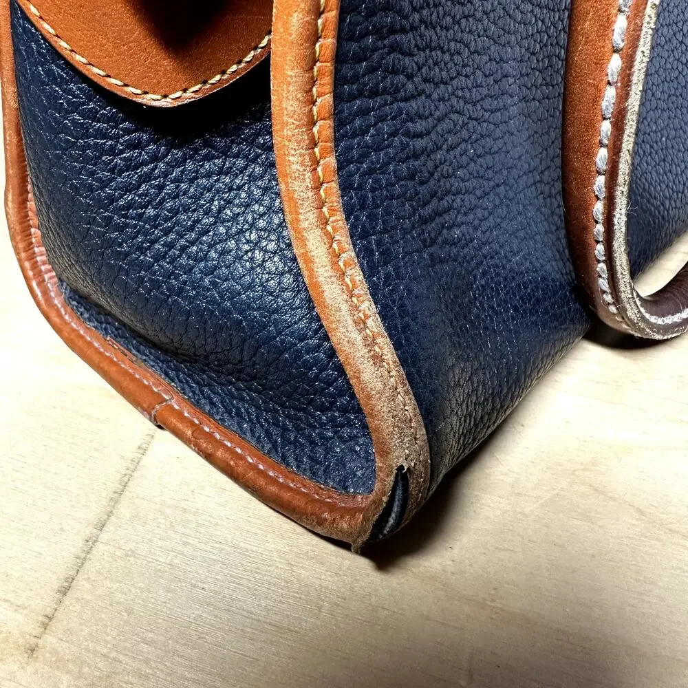 Vintage Dooney & Bourke Satchel All Weather Leather Pebble Brass Buckle Navy