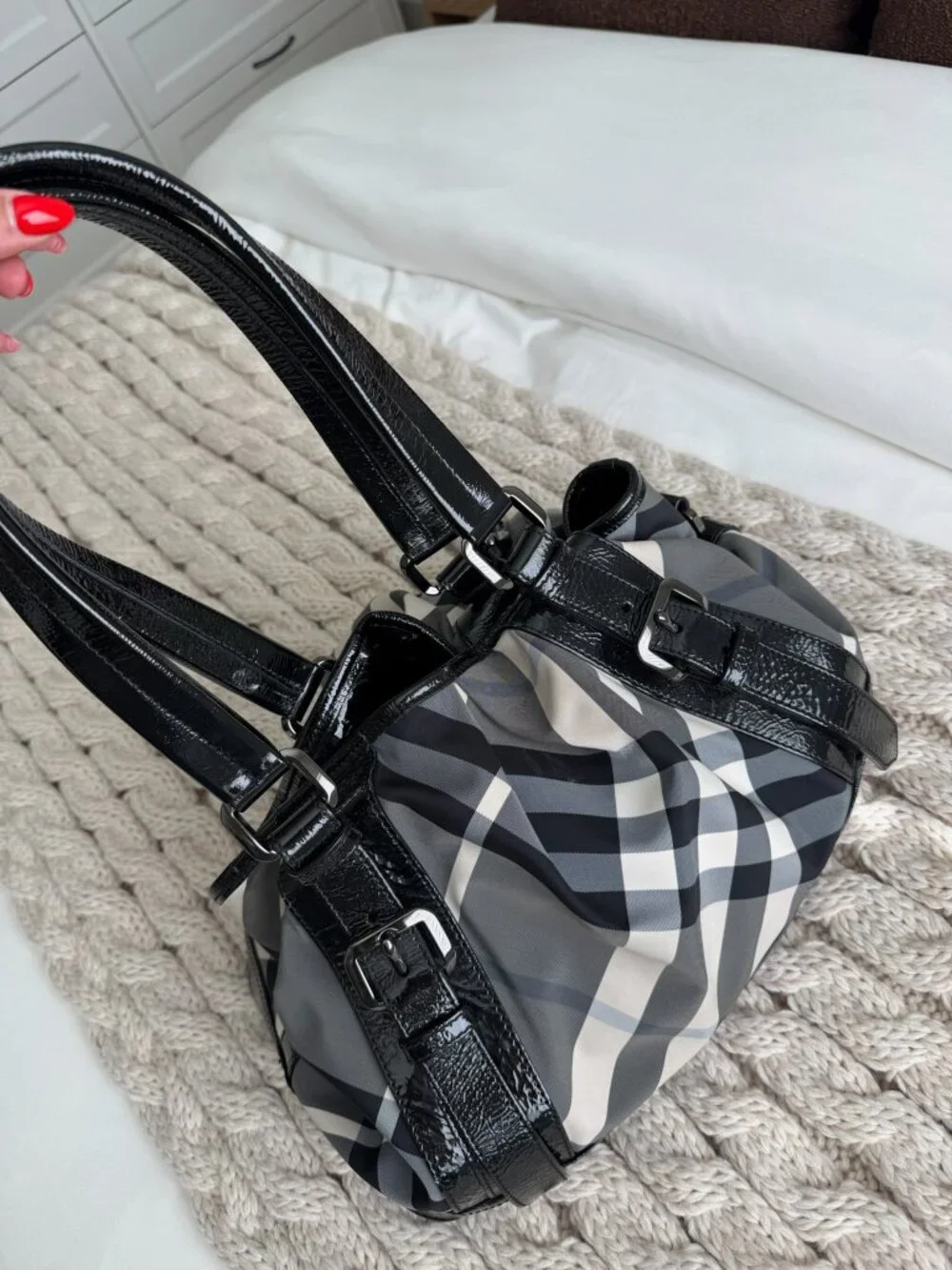 Vintage Burberry Black Beat Check Lowry Satchel & Matching Wallet Set