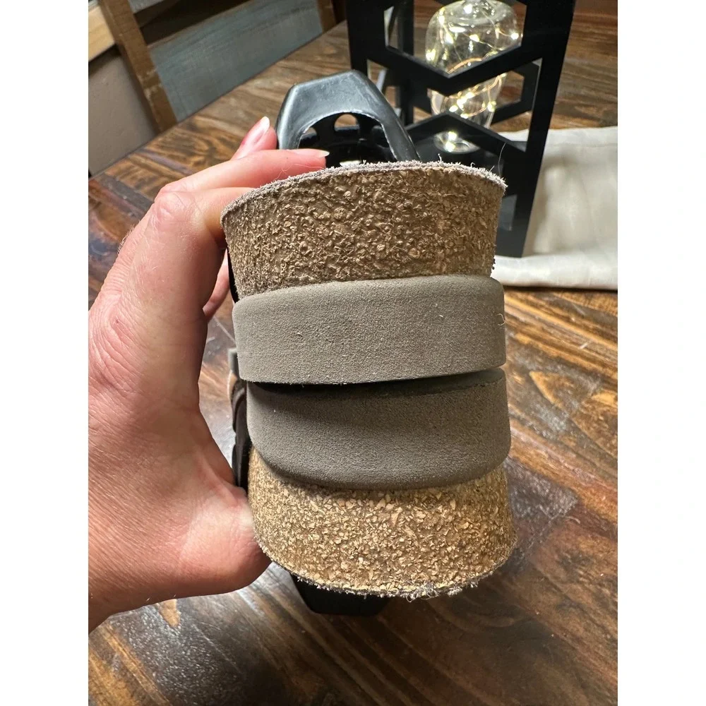 Mephisto Air-Relax Women 38 or 8 Black Leather MultiStrap Snakeskin Cork Sandal