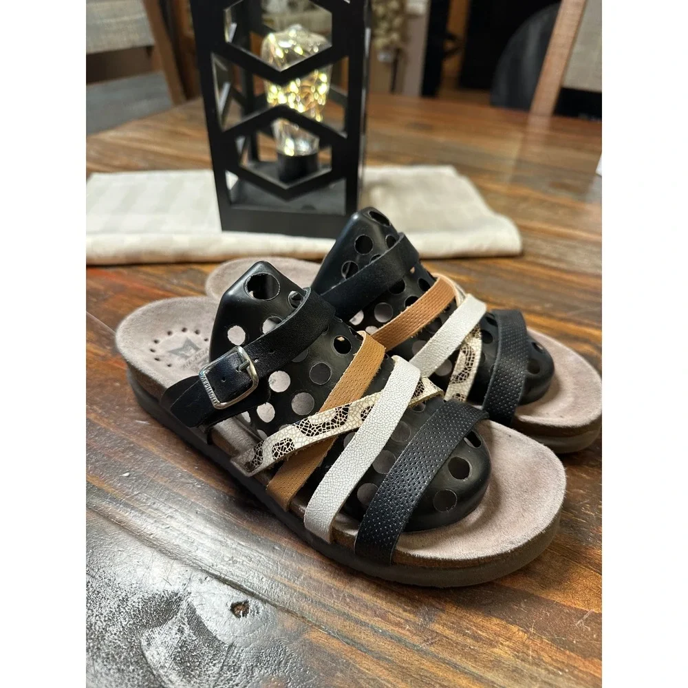 Mephisto Air-Relax Women 38 or 8 Black Leather MultiStrap Snakeskin Cork Sandal