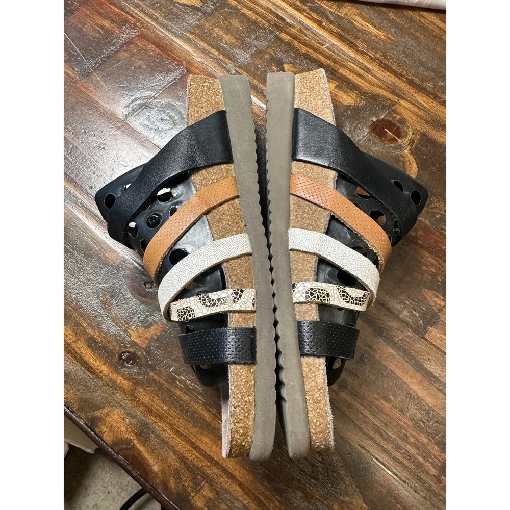 Mephisto Air-Relax Women 38 or 8 Black Leather MultiStrap Snakeskin Cork Sandal