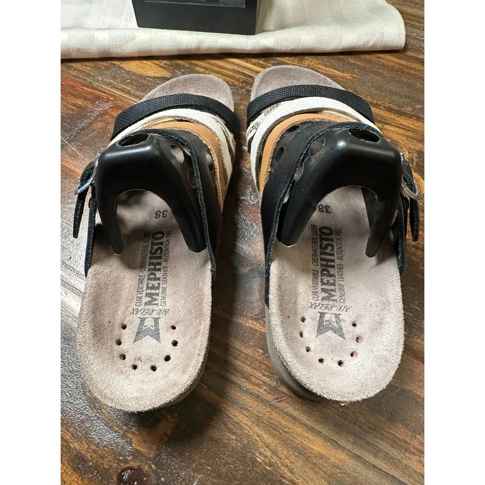 Mephisto Air-Relax Women 38 or 8 Black Leather MultiStrap Snakeskin Cork Sandal