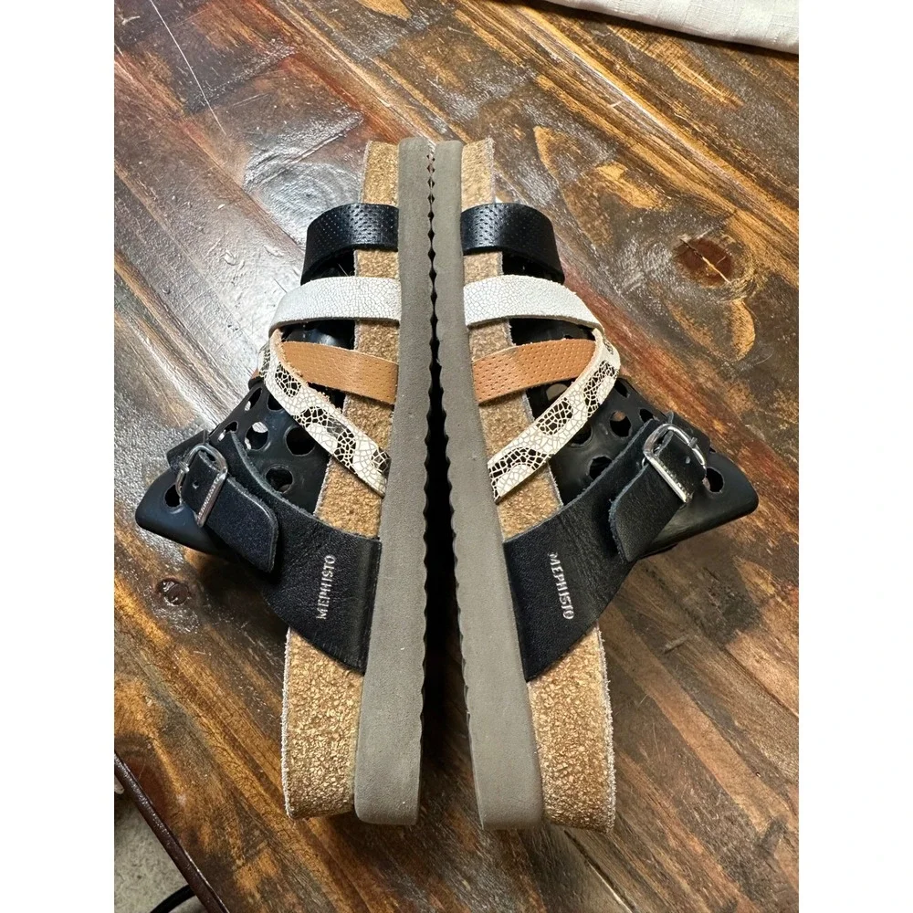 Mephisto Air-Relax Women 38 or 8 Black Leather MultiStrap Snakeskin Cork Sandal