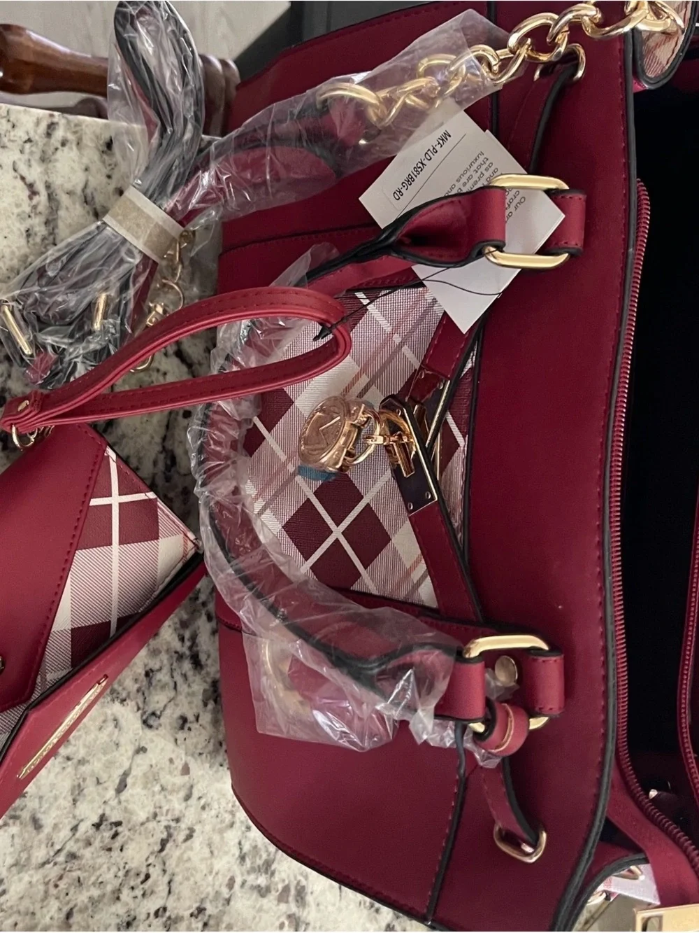 Source Unknown Burgundy Plaid Satchel with Gold Hardware