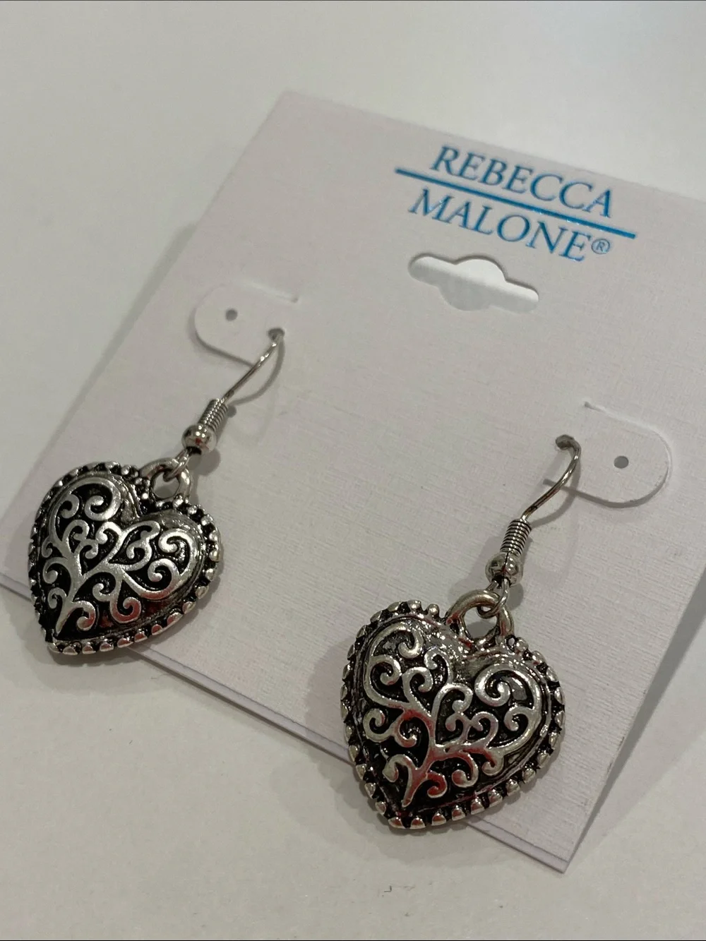 NEW Rebecca Malone Silver-Tone Filigree Heart Drop Earrings