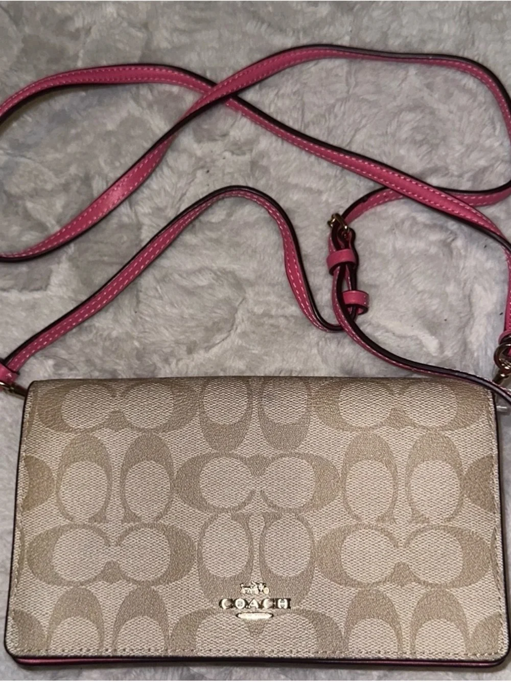 Coach Khaki Signature Canvas Crossbody with Pink Leather Strap