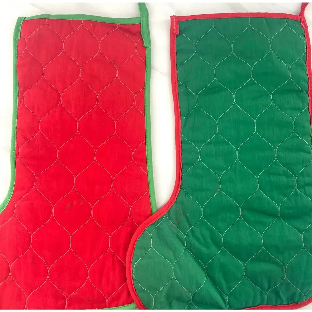 Set of 2 Vintage Quilted Christmas Stockings - Retro Elf & Snowman