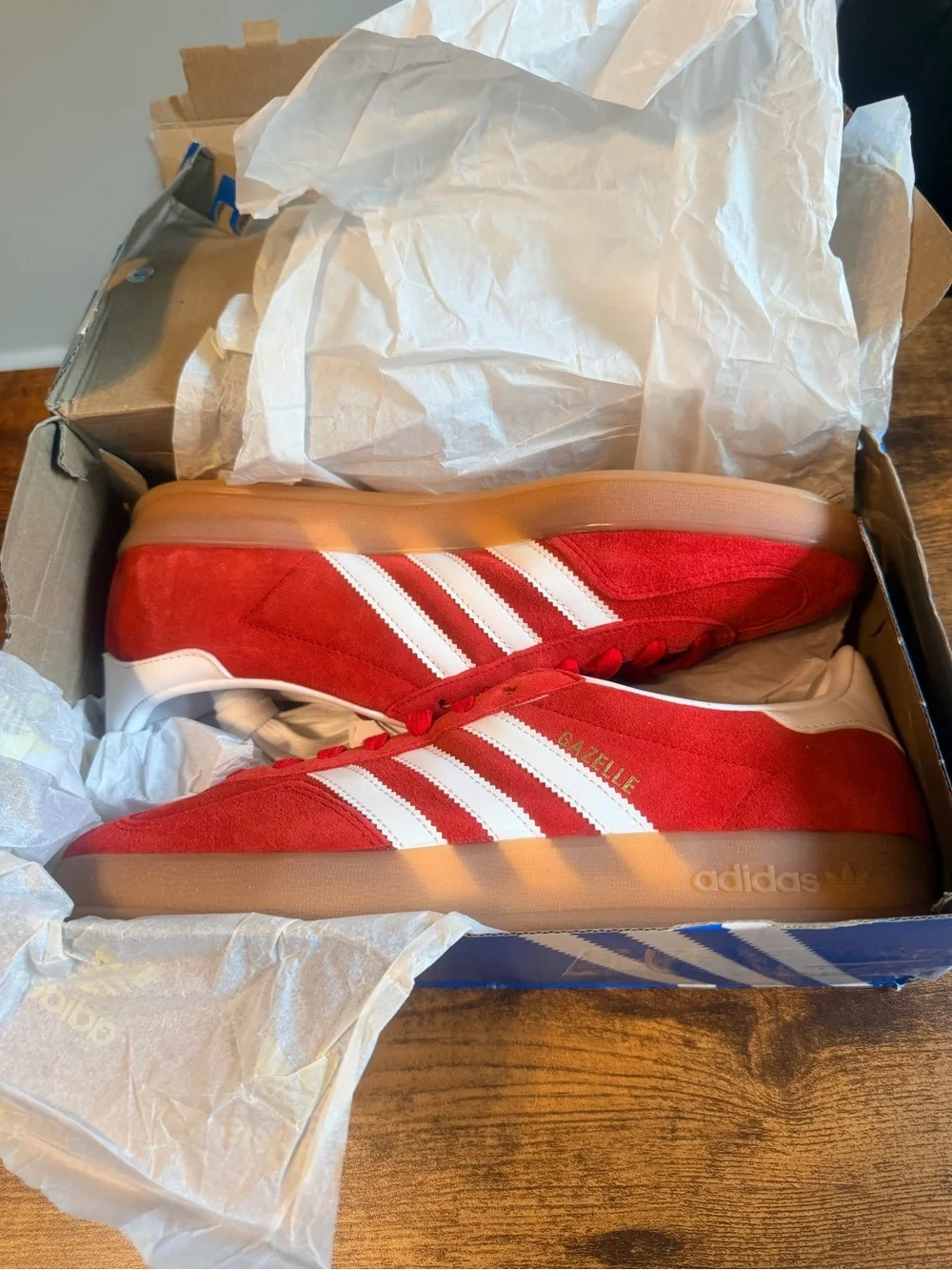 adidas Gazelle Red Suede Sneakers with White Stripes 10M