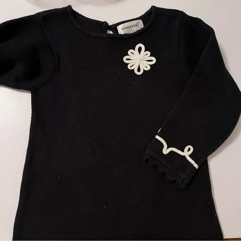 Savannah Baby Girl Black Knitted Long Sleeve Dress 2T