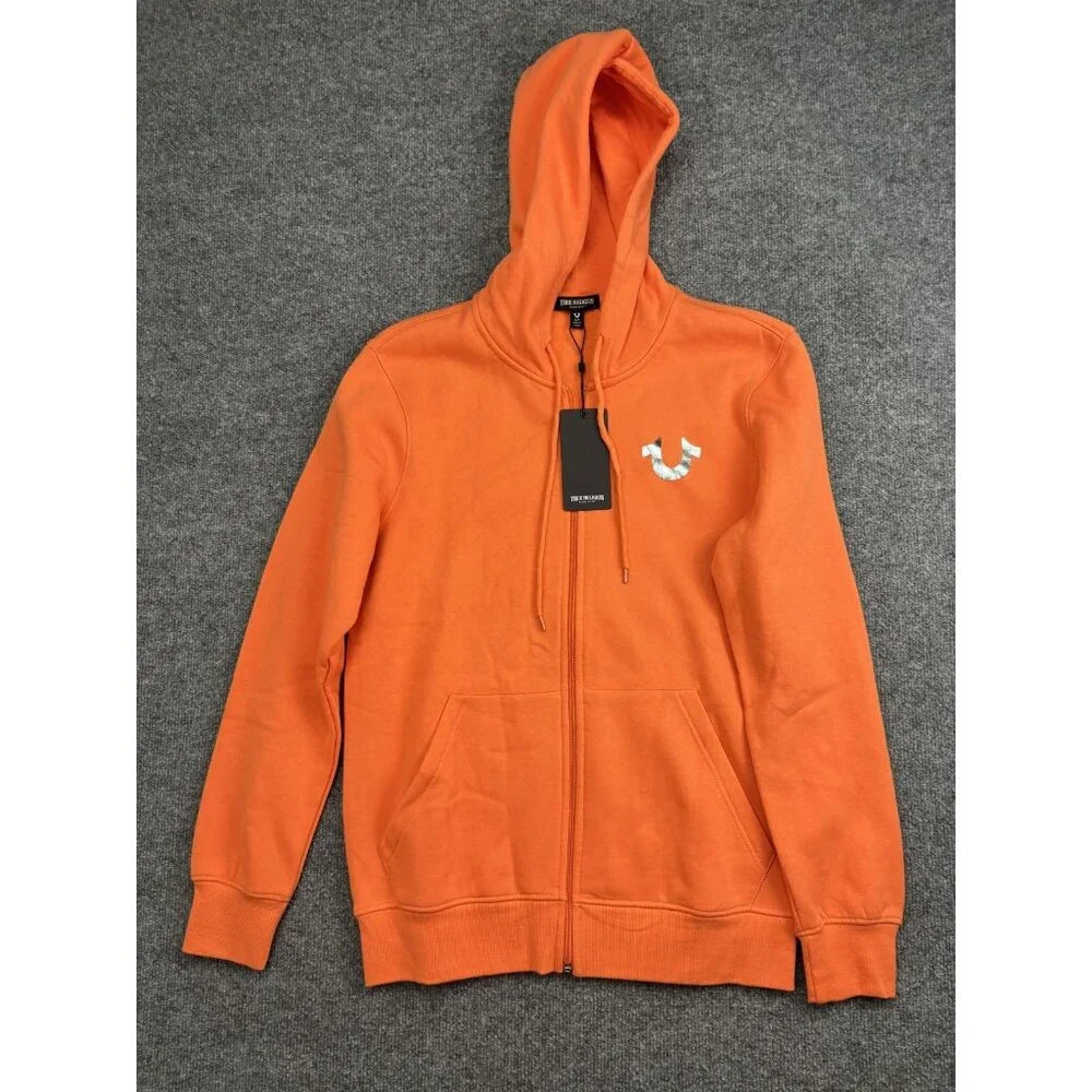 True Religion Hoodie Mens Small Orange Full Zip Fleece Sweatshirt Buddha Graphic