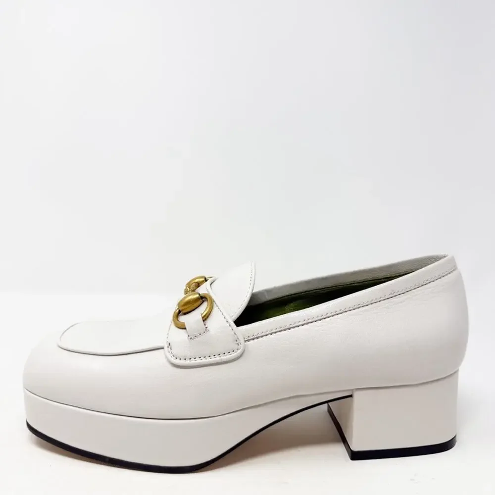Gucci Houdan Horsebit Platform Loafers White Leather Womens Size EU 36