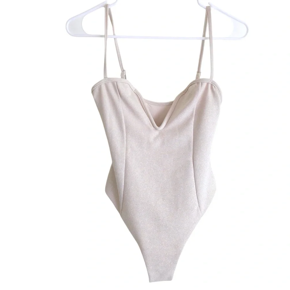 DEVON WINDSOR JOELLE ONE PIECE SWIMSUIT Champagne Glitter V Neck Size XS