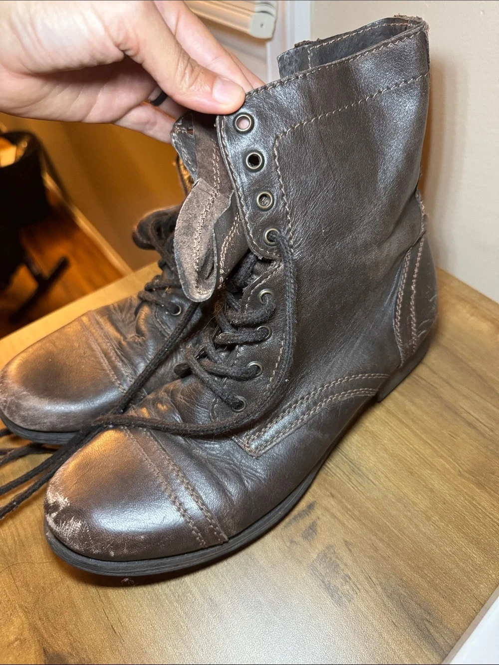 Steve Madden Dark Brown Leather Lace-Up Combat Boots
