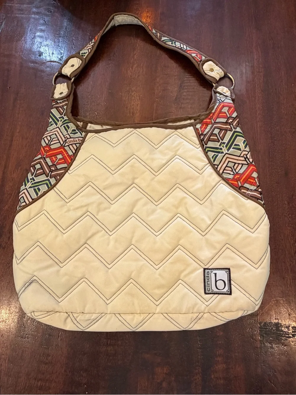 by B. Cream Quilted Shoulder Bag with Patterned Trim