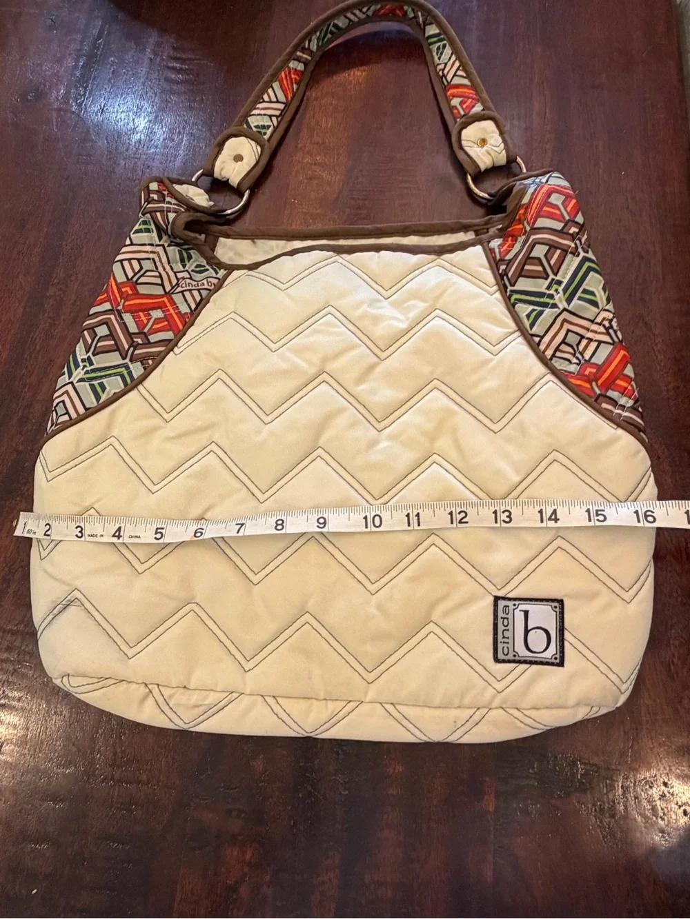 by B. Cream Quilted Shoulder Bag with Patterned Trim