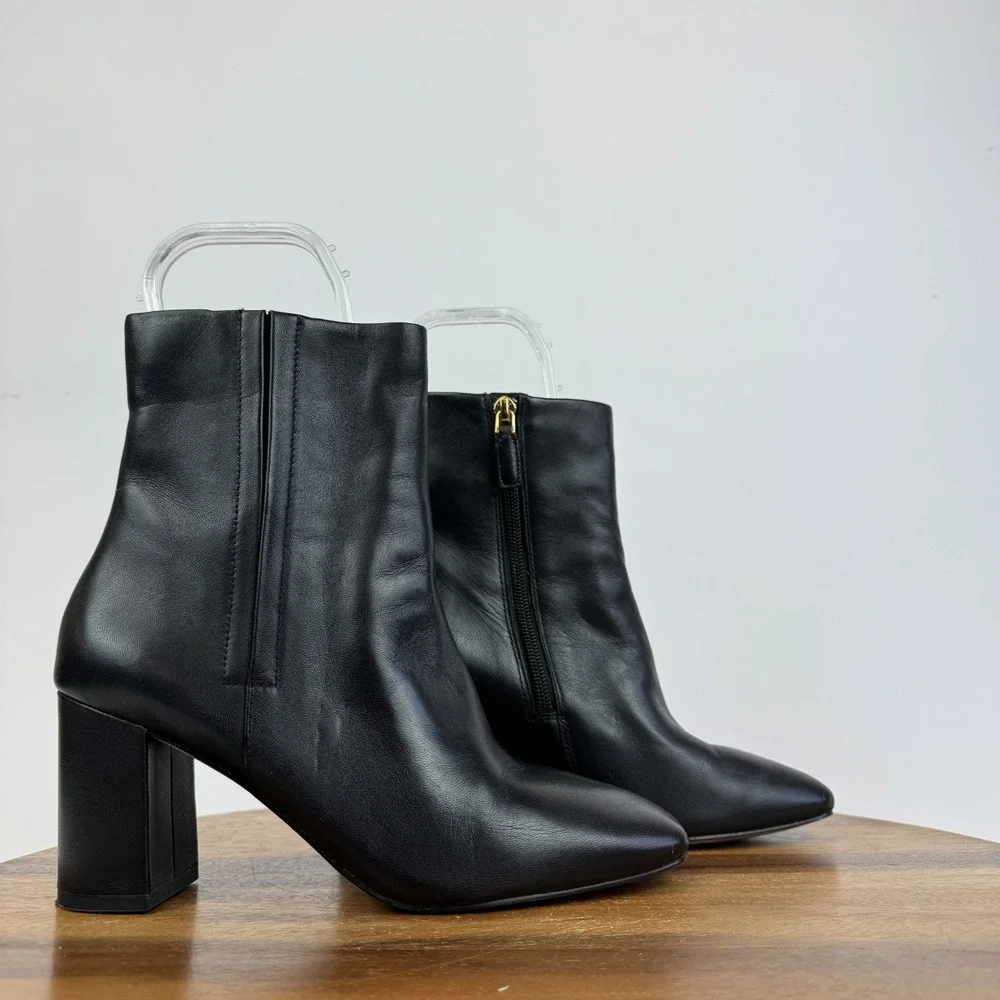 Womens Cole Haan Chrystie Square Toe Black Leather 75mm Ankle Booties Size 6.5 B