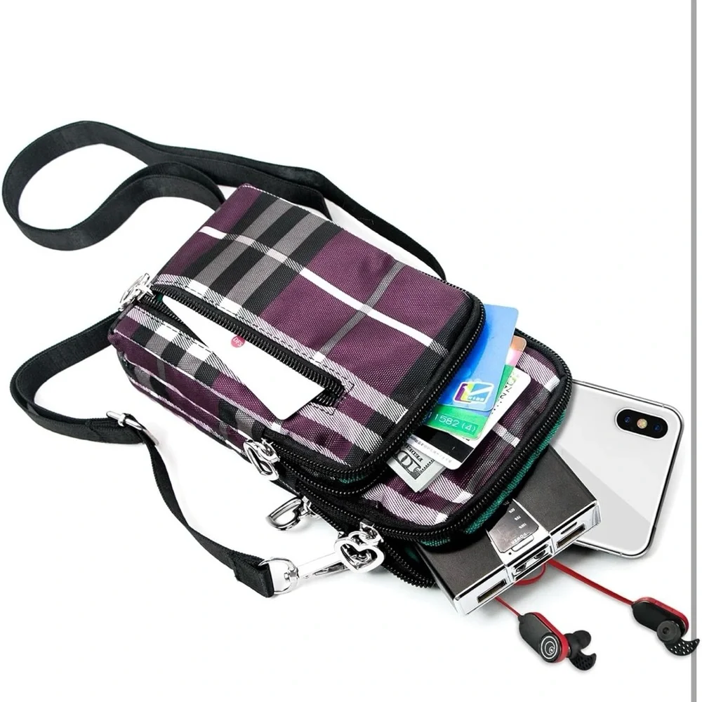 NEW Lightweight Small Nylon Crossbody Cell Phone Travel Pouch in Purple Stripes