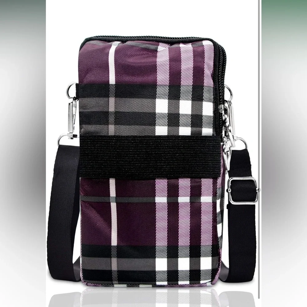 NEW Lightweight Small Nylon Crossbody Cell Phone Travel Pouch in Purple Stripes