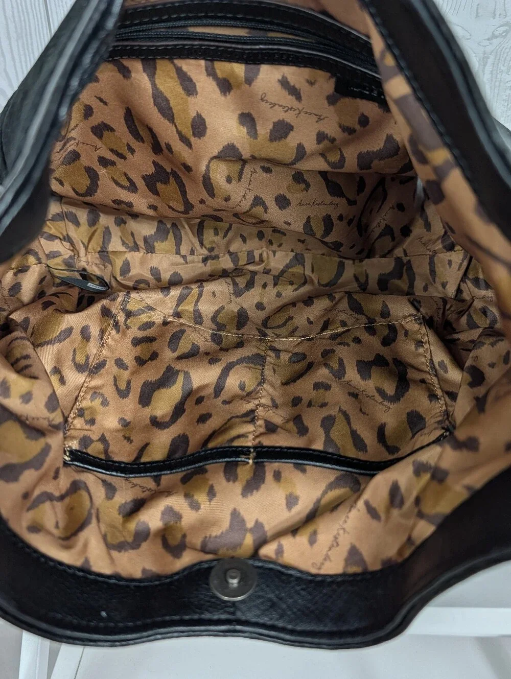 Aimee Kestenberg High Riser Hobo Leather Purse Black with Leopard Print Lining