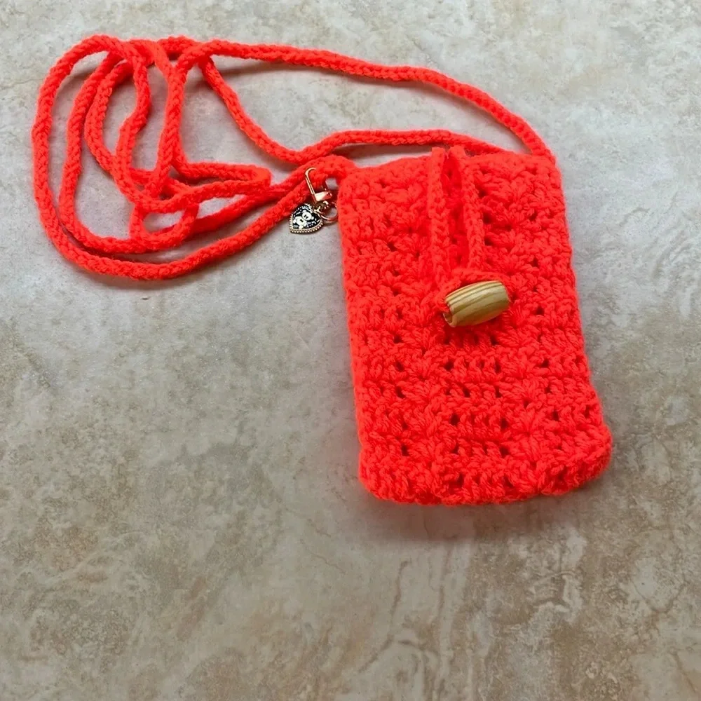 Crochet Bag Crossbody Shoulder Stretch Phone Purse Case Orange Small Handmade