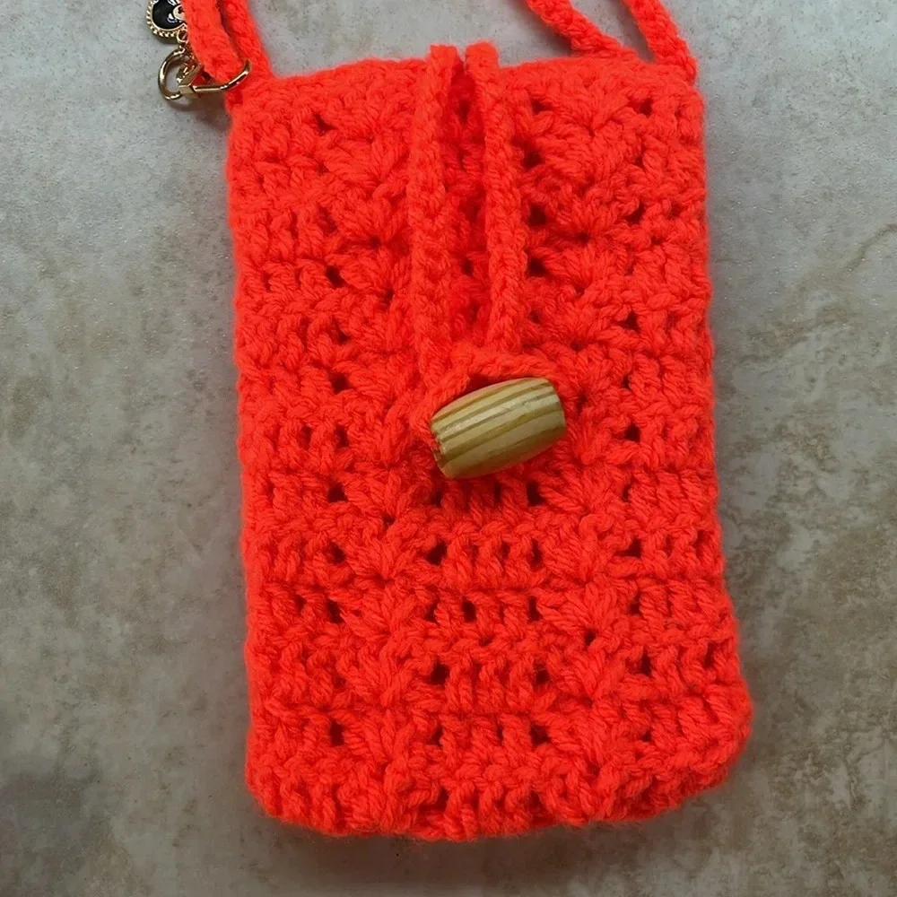 Crochet Bag Crossbody Shoulder Stretch Phone Purse Case Orange Small Handmade