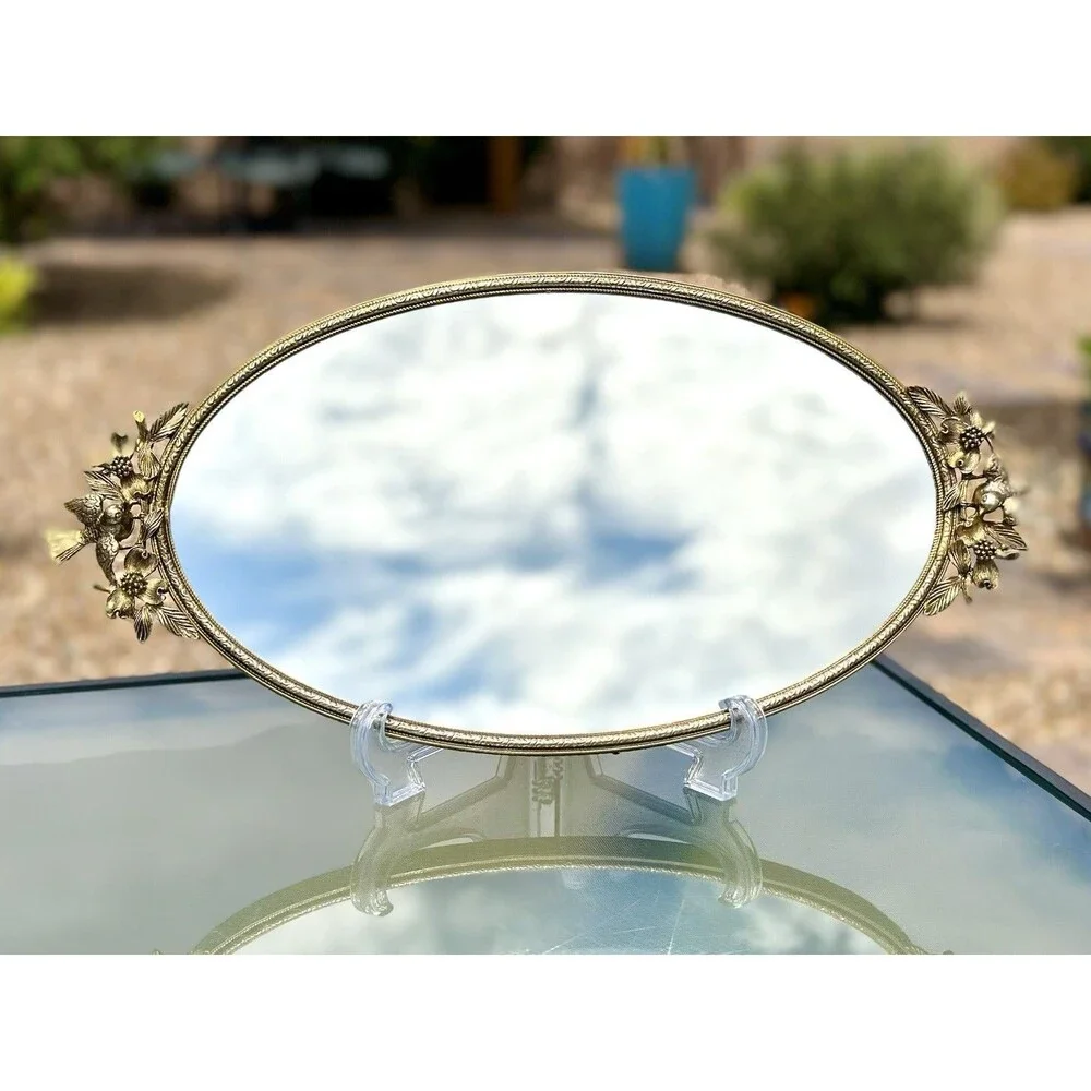 Vintage Matson Vanity Mirror Tray Birds Dogwood Gold Plated Hollywood Regency