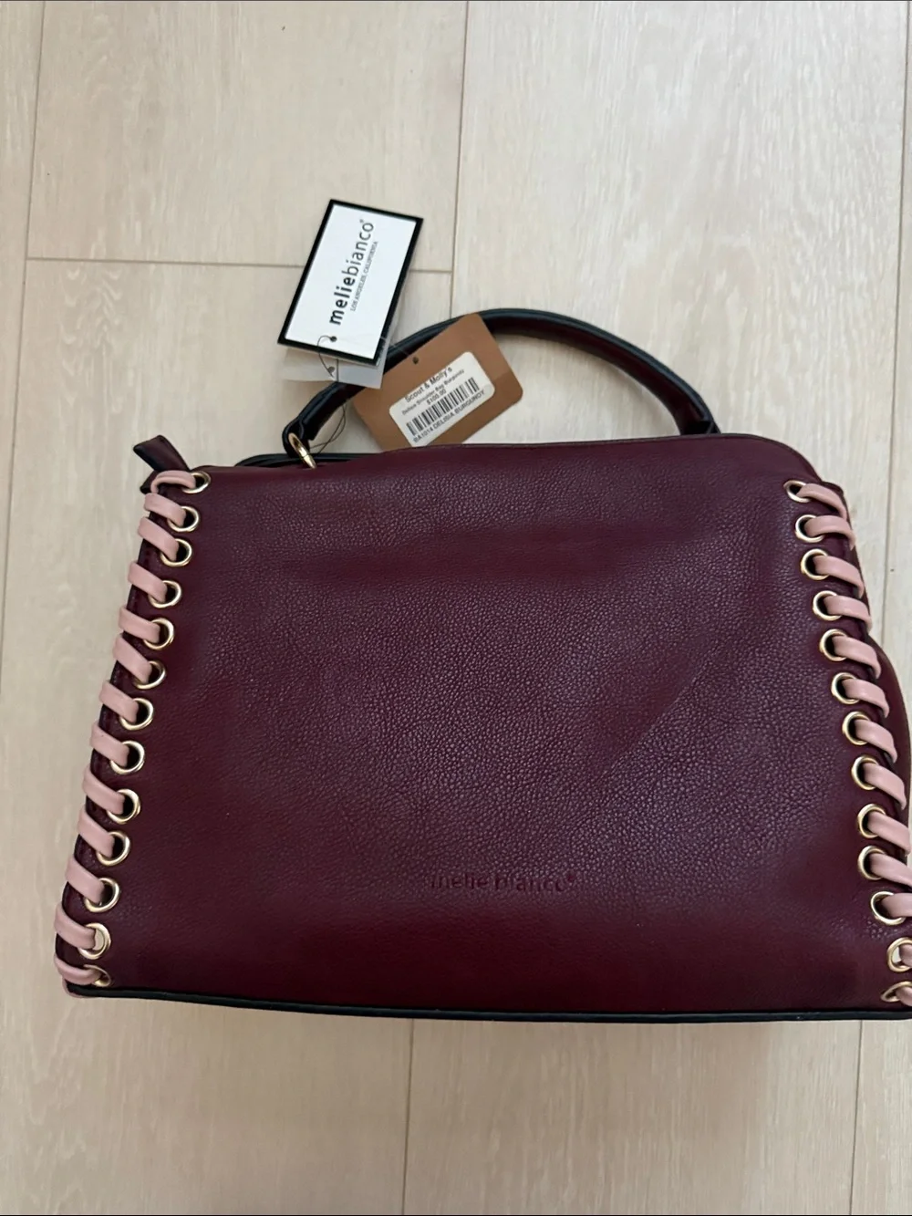 Melie Bianco Burgundy Satchel with Pink Braided Trim