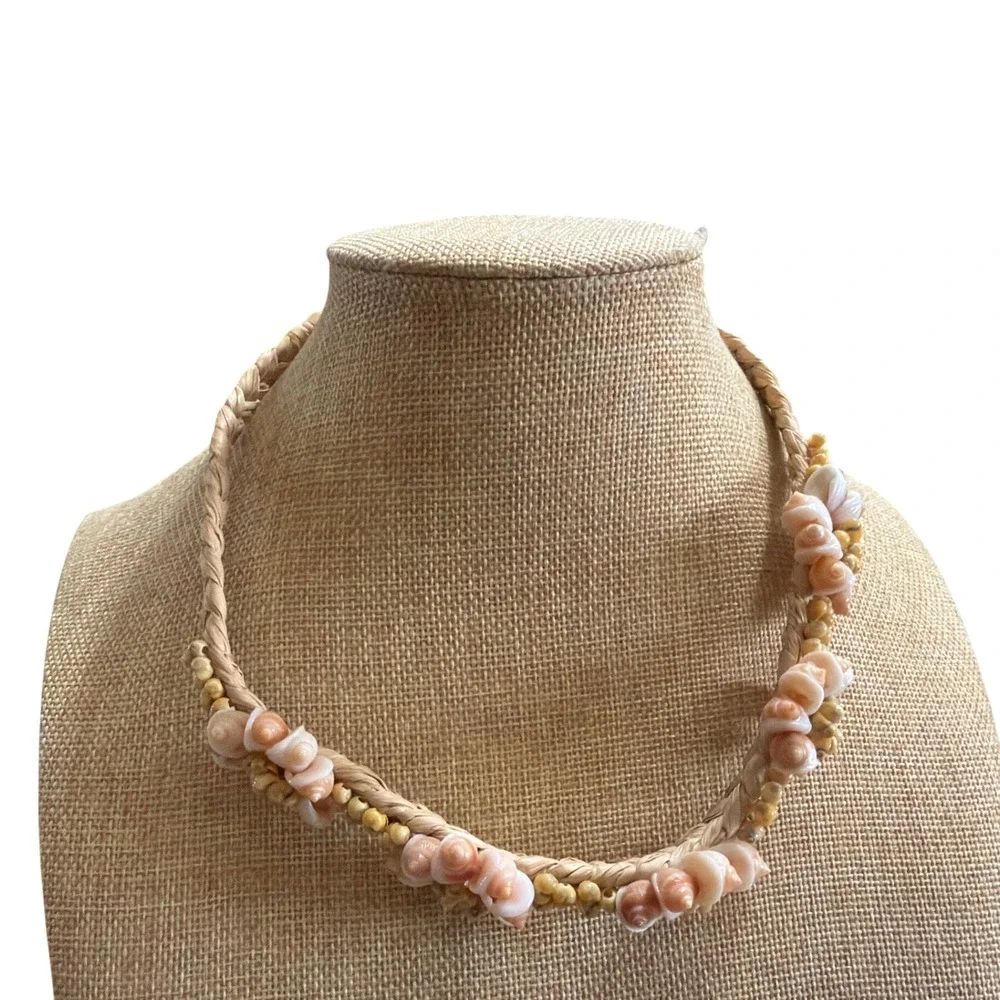 Handmade Seashell Choker Necklace Braided Raffia Pink White Shells Boho Coastal