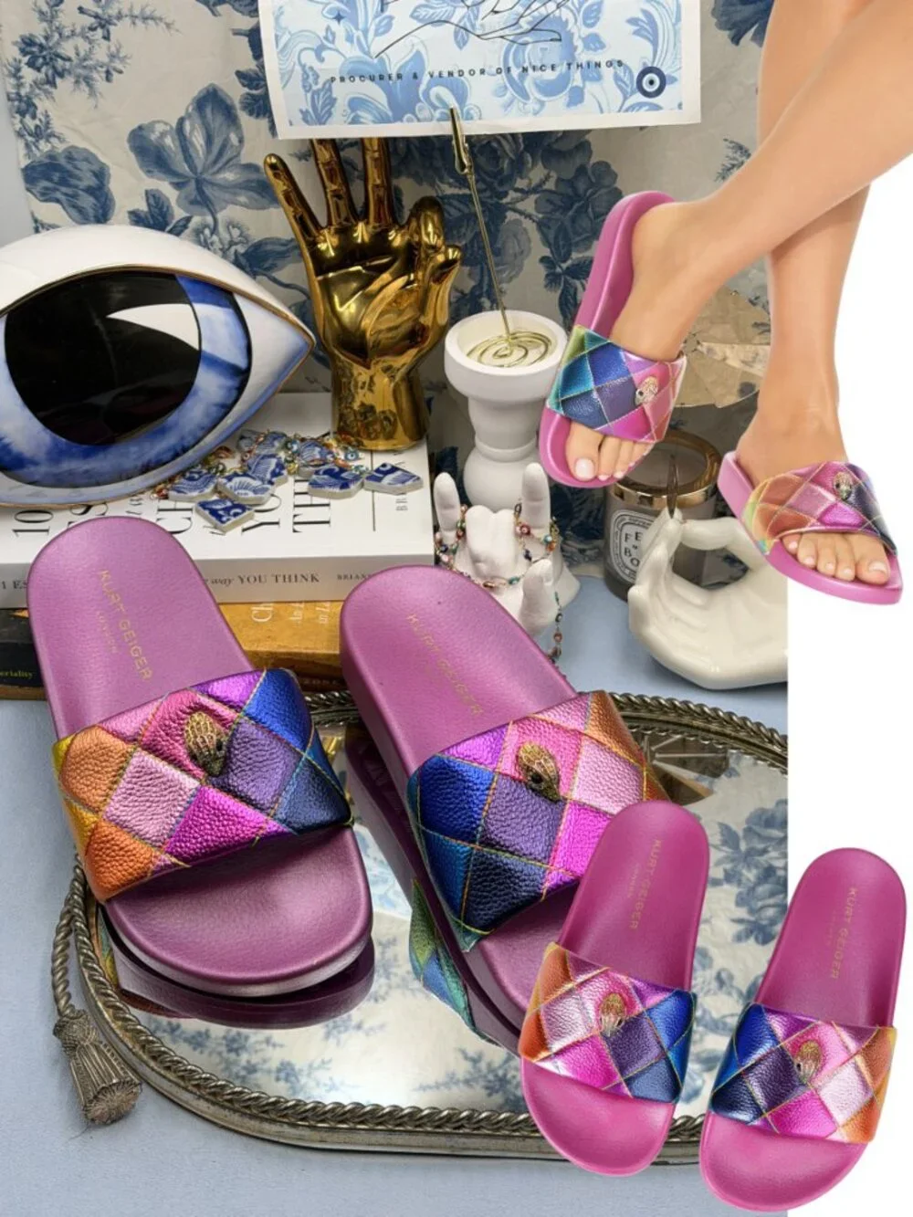 🆕 KURT GEIGER LONDON 🧿 NWOT Meena Eagle Metallic Diamond Slide, Sz 36.5 US 6.5