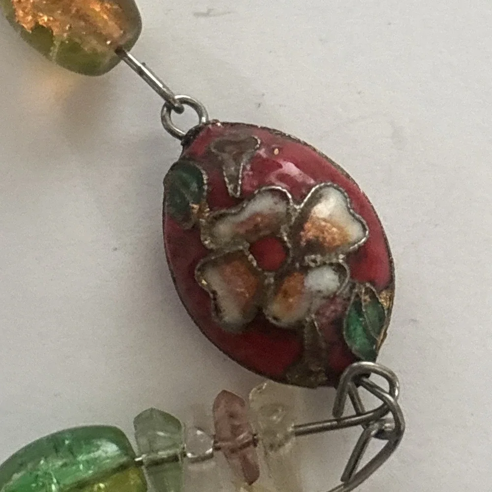 Retro Enamel Cloisonné Flower Bead Bag Charm, Asian Cord Tassel