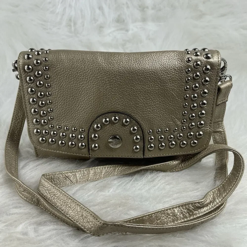 GRACE ADELE Gold Leather Clutch With Leather Flower Crossbody Style