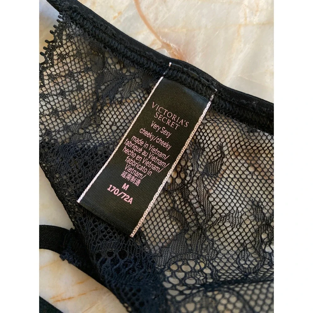 Victoria's Secret Black Floral Lace Strappy Sheer Mesh Thong Panty Medium