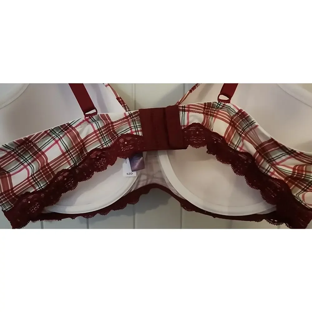 Adore Me Nare Bra 42D Plaid Full Coverage Contour Underwire Burgundy Lace