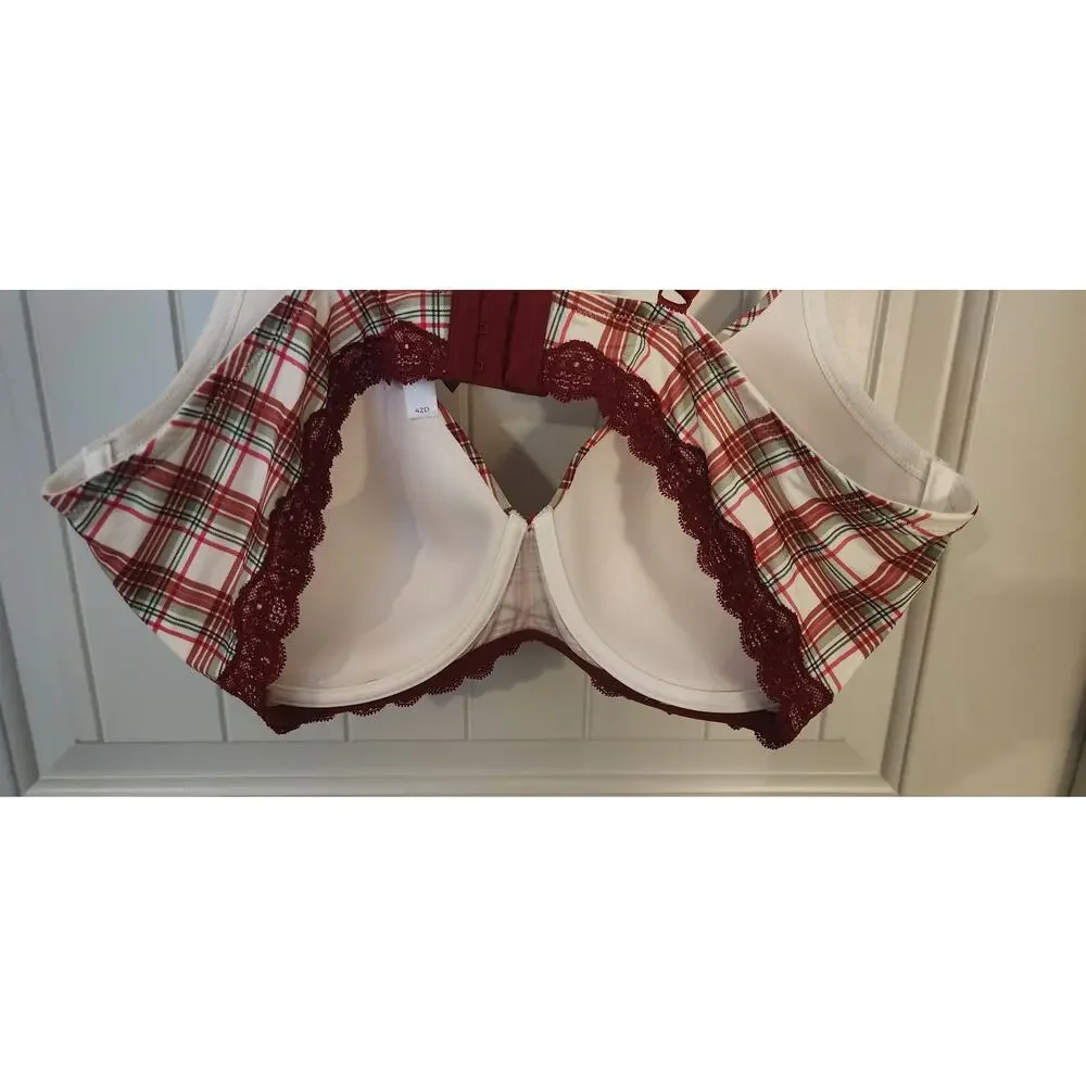 Adore Me Nare Bra 42D Plaid Full Coverage Contour Underwire Burgundy Lace