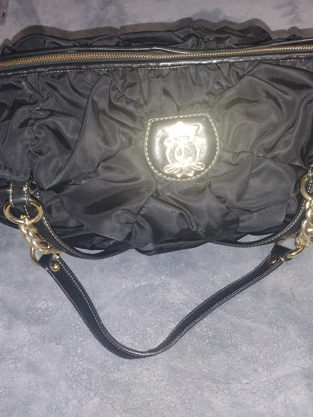 VTG Juicy Couture Black Nylon Ruched Hobo Shoulder Bag Gold Crown Crest Y2K