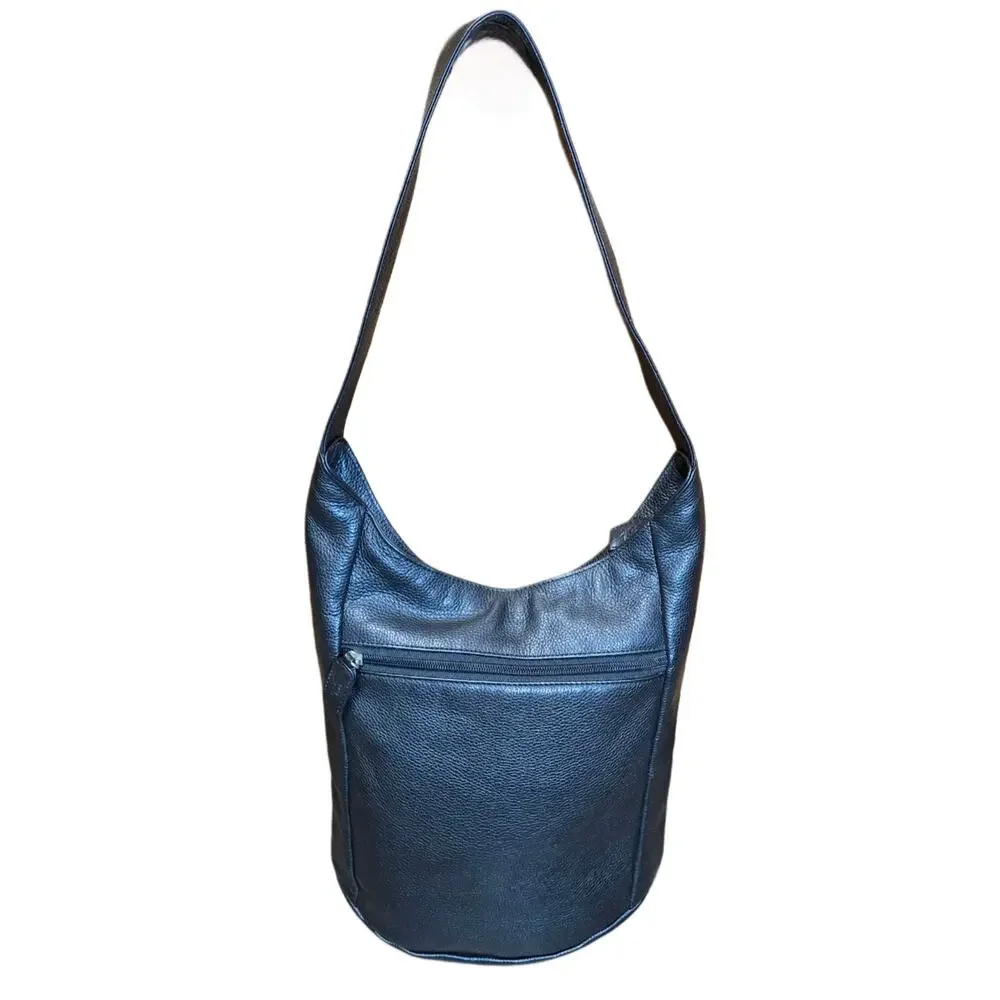 The Sak Hobo Purse Pure Leather Black Pebbled Zip Top Handbag Shoulder Bag